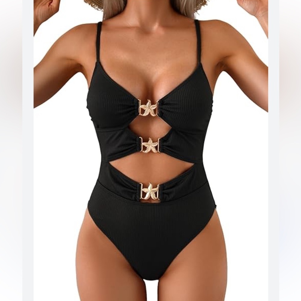 Women's V-Neck Gold
Starfish Underwire One-Piece Swimsuit pool cruise sea NWOT